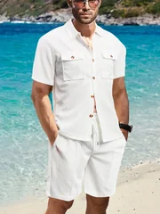 Men's Waffle Knit 2 Piece Outfit Short Sleeve Button Pocket Shirt & Drawstring Casual Shorts Summer Vacation Matching Outfit Set