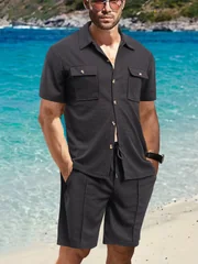 Men's Waffle Knit 2 Piece Outfit Short Sleeve Button Pocket Shirt & Drawstring Casual Shorts Summer Vacation Matching Outfit Set