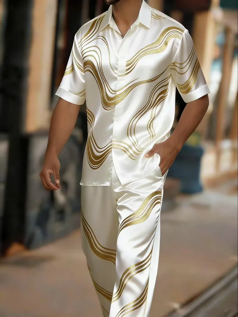 New Ming Huang Daisy Boat Anchor Baroque Short Sleeve Set Luxury Vacation Style Men's Shirt Pants Two Piece Set