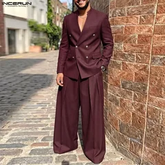 INCERUN Men's Sets Solid Color V Neck Long Sleeve Blazer Pants Two Piece Sets Elegant Streetwear 2026 Fashion Men Matching Sets