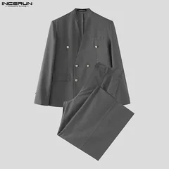 INCERUN Men's Sets Solid Color V Neck Long Sleeve Blazer Pants Two Piece Sets Elegant Streetwear 2026 Fashion Men Matching Sets
