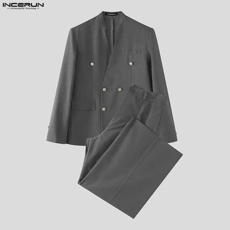 INCERUN Men's Sets Solid Color V Neck Long Sleeve Blazer Pants Two Piece Sets Elegant Streetwear 2026 Fashion Men Matching Sets