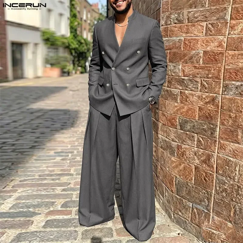 INCERUN Men's Sets Solid Color V Neck Long Sleeve Blazer Pants Two Piece Sets Elegant Streetwear 2026 Fashion Men Matching Sets