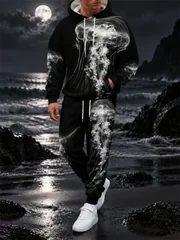 New Fall/Winter Sweatshirt Set T-Rex Print Set Men's Hoodie, Drawstring Sweatpants—A Stylish Two-Piece Set For Parties