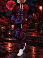 New Fall/Winter Sweatshirt Set T-Rex Print Set Men's Hoodie, Drawstring Sweatpants—A Stylish Two-Piece Set For Parties