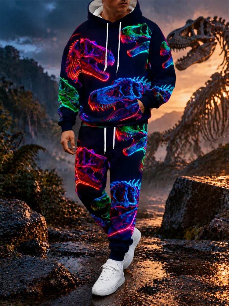 New Fall/Winter Sweatshirt Set T-Rex Print Set Men's Hoodie, Drawstring Sweatpants—A Stylish Two-Piece Set For Parties