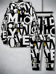 2026 Autumn/Winter Best-selling Street Casual Comfortable 3D Letter Pattern Printed Men's Hooded Sweatshirt and Pants Set