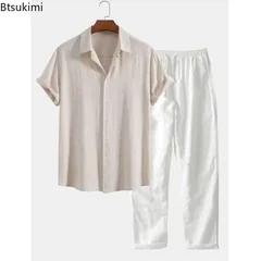 2026 Men's Fashion Solid Beach Two Piece Set Summer Lightweight Breathable Stand Collar Shirt and Pants Casual Outfits Tracksuit