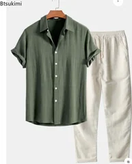 2026 Men's Fashion Solid Beach Two Piece Set Summer Lightweight Breathable Stand Collar Shirt and Pants Casual Outfits Tracksuit