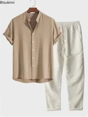 2026 Men's Fashion Solid Beach Two Piece Set Summer Lightweight Breathable Stand Collar Shirt and Pants Casual Outfits Tracksuit
