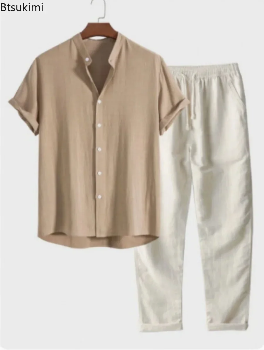 2026 Men's Fashion Solid Beach Two Piece Set Summer Lightweight Breathable Stand Collar Shirt and Pants Casual Outfits Tracksuit