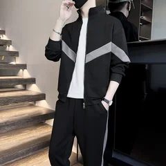 Autumn Patchwork Tracksuit Men 2 Piece Sportswear Sets Sweatsuits Zip Up Coat with Kanga Pocket Sweatpants Joggers Pants Set Man