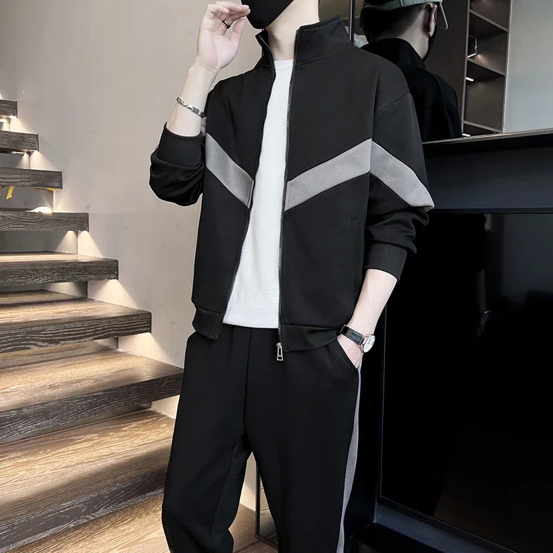 Autumn Patchwork Tracksuit Men 2 Piece Sportswear Sets Sweatsuits Zip Up Coat with Kanga Pocket Sweatpants Joggers Pants Set Man
