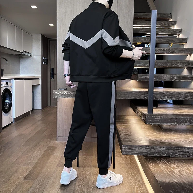Autumn Patchwork Tracksuit Men 2 Piece Sportswear Sets Sweatsuits Zip Up Coat with Kanga Pocket Sweatpants Joggers Pants Set Man