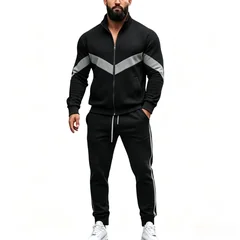 Autumn Patchwork Tracksuit Men 2 Piece Sportswear Sets Sweatsuits Zip Up Coat with Kanga Pocket Sweatpants Joggers Pants Set Man
