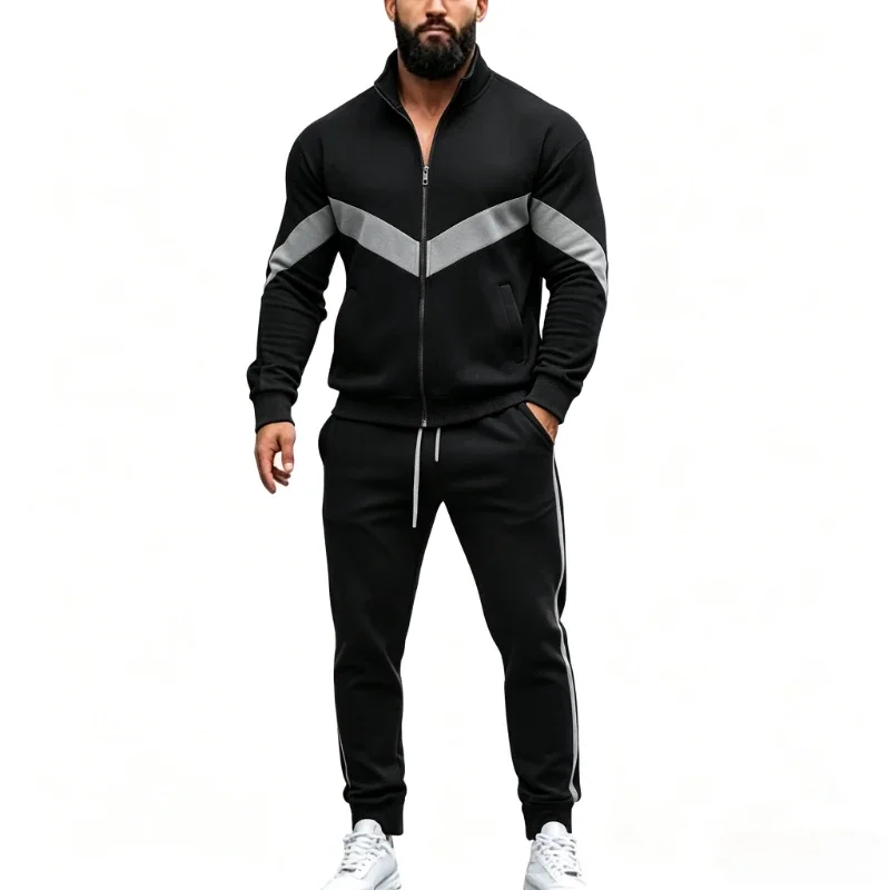 Autumn Patchwork Tracksuit Men 2 Piece Sportswear Sets Sweatsuits Zip Up Coat with Kanga Pocket Sweatpants Joggers Pants Set Man
