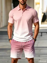 Fashion Summer gradient color men's suit button polo shirts set Leisure men's suit fashion Man 2 piece set ventilate men's sets