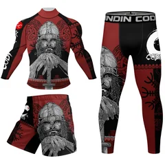 Fitness Men MMA Training Set Red Black Viking Warrior Print With Anti-Slip Band Compression Rash Guard Outfit