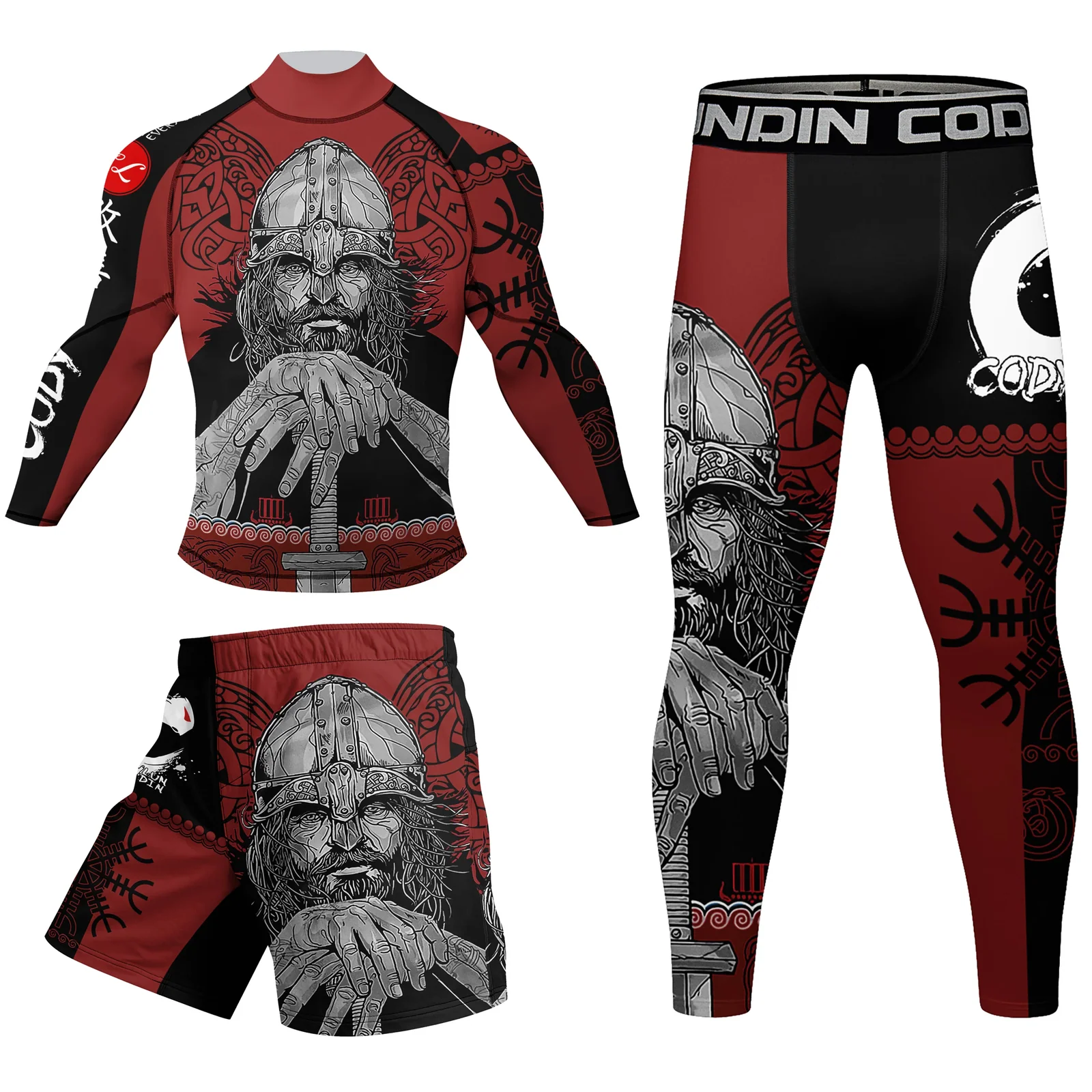 Fitness Men MMA Training Set Red Black Viking Warrior Print With Anti-Slip Band Compression Rash Guard Outfit