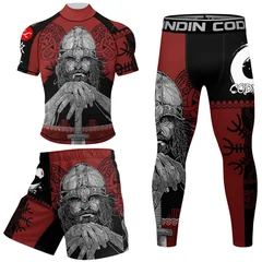 Fitness Men MMA Training Set Red Black Viking Warrior Print With Anti-Slip Band Compression Rash Guard Outfit