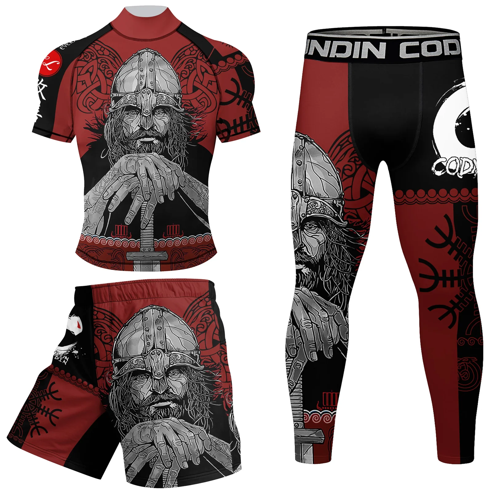 Fitness Men MMA Training Set Red Black Viking Warrior Print With Anti-Slip Band Compression Rash Guard Outfit