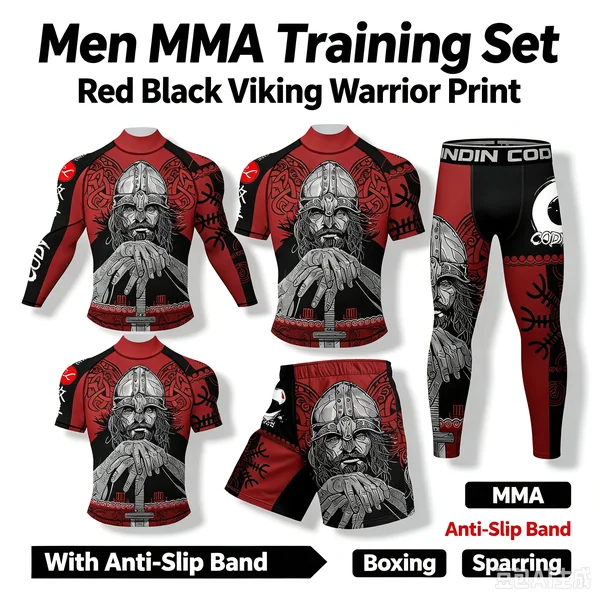 Fitness Men MMA Training Set Red Black Viking Warrior Print With Anti-Slip Band Compression Rash Guard Outfit