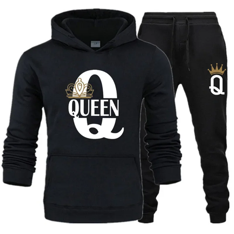 2026 New Autumn and Winter Men's and Women's Sweater Set KING QUEEN Loose Relaxed Hooded Print Couple Set