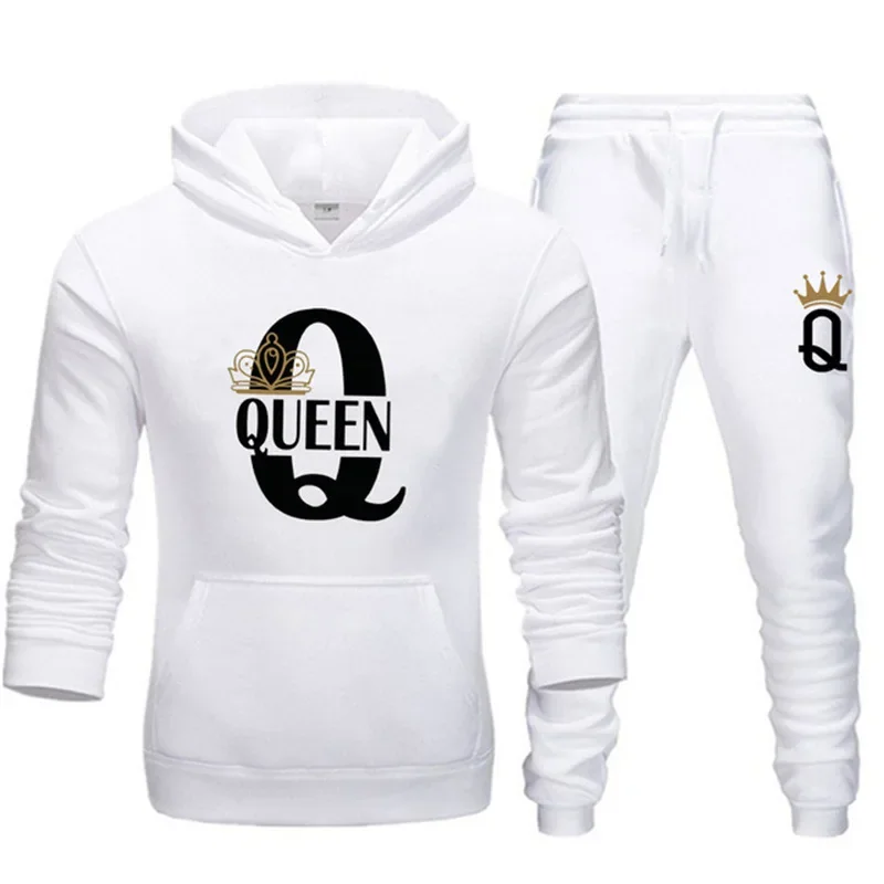 2026 New Autumn and Winter Men's and Women's Sweater Set KING QUEEN Loose Relaxed Hooded Print Couple Set