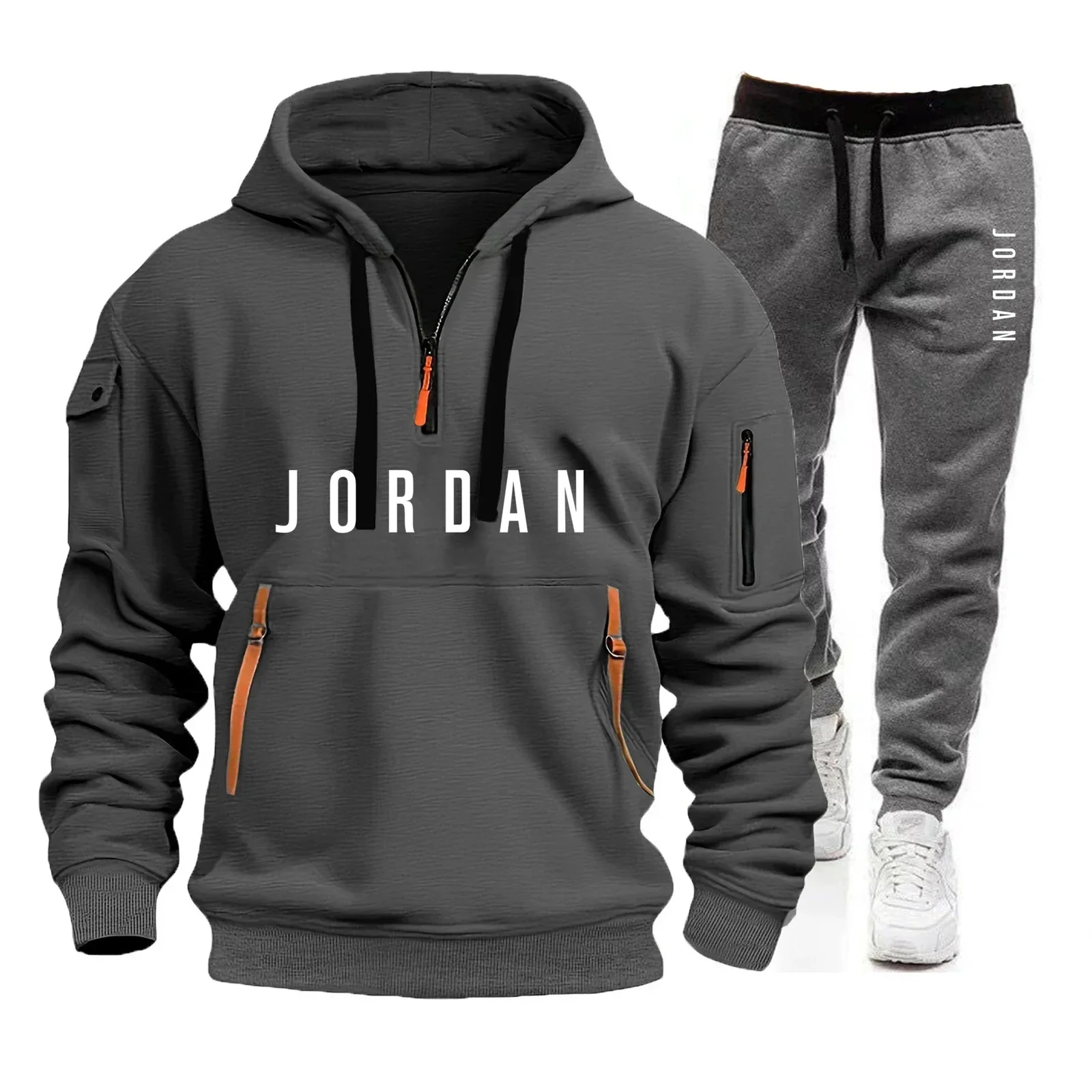2026 Autumn and Winter New Men's Fashionable Casual Multi-Pocket Zipper Hooded Sweatshirt and Outdoor Jogging Sports Pants Set