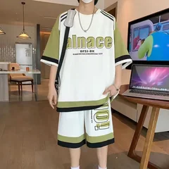 Men's Casual 2-Piece Sportswear Set Streetwear Fashion Tracksuit T-shirts and Shorts Camping Clothes Beach Pant Youth New