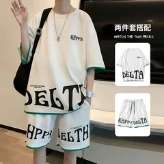 Men's Casual 2-Piece Sportswear Set Streetwear Fashion Tracksuit T-shirts and Shorts Camping Clothes Beach Pant Youth New