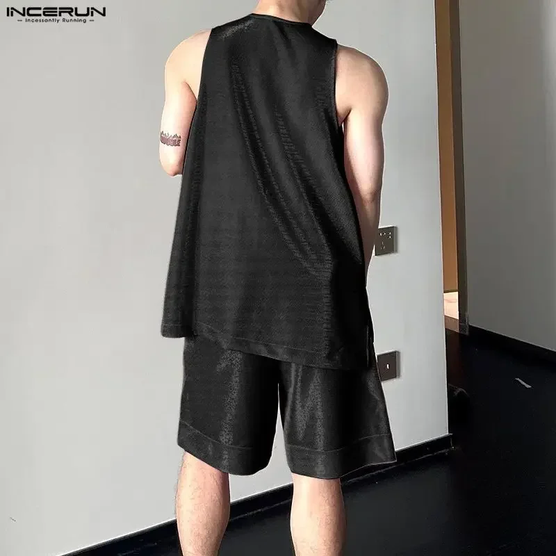 INCERUN Men's Sets Shiny Solid O-neck Sleeveless Tank Tops Shorts Two Piece Sets Streetwear 2026 Fashion Men Matching Sets S-5XL