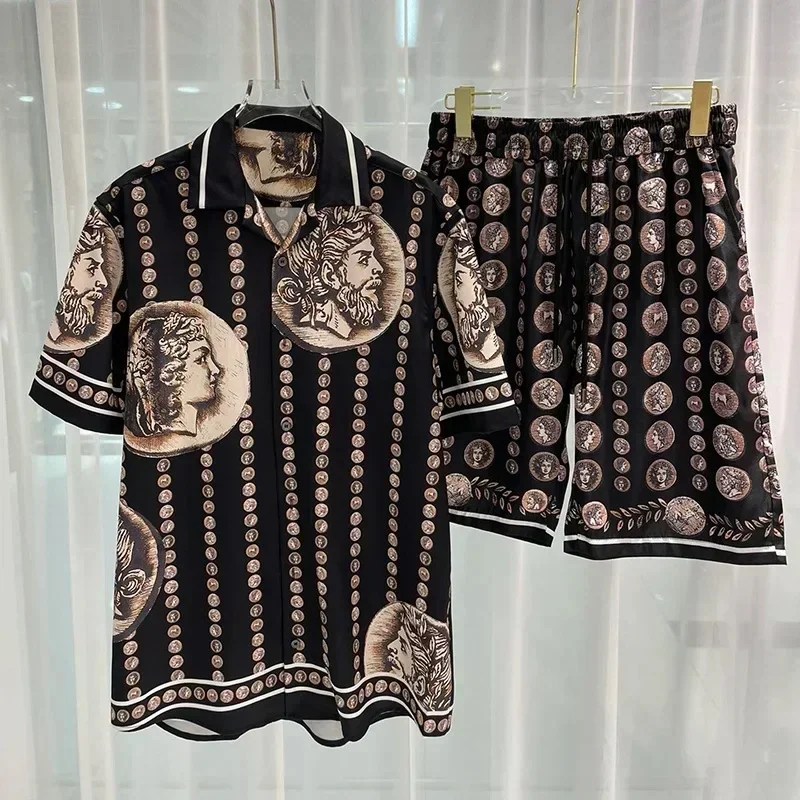 Ropa Hombre Royal Luxury Men Shirt Sets Vintage Pattern Character Printed 2 Piece Hawaiian Shirt Suit Casual Conjunto De Hombre