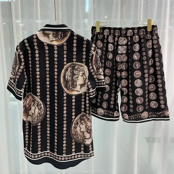 Ropa Hombre Royal Luxury Men Shirt Sets Vintage Pattern Character Printed 2 Piece Hawaiian Shirt Suit Casual Conjunto De Hombre