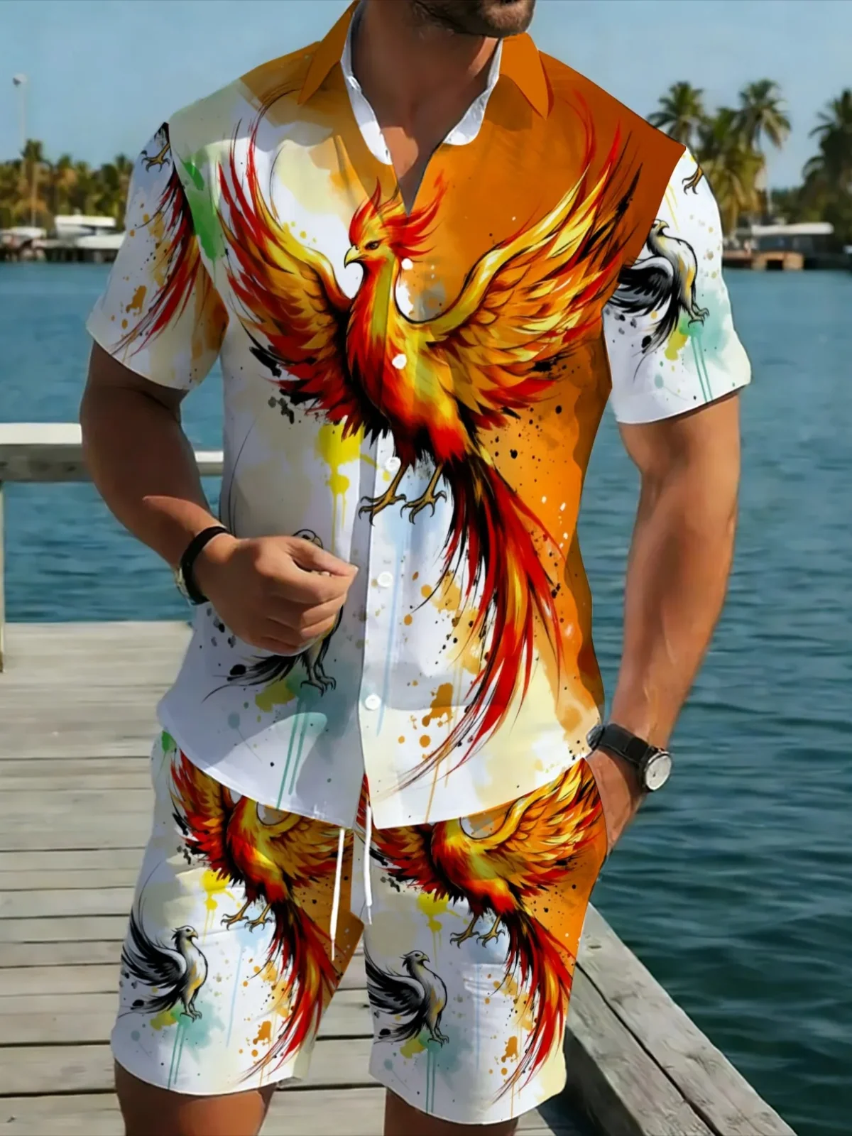 Oriental Phoenix Pattern Men Set Short Sleeve Button Shirt Drawstring Shorts Casual Vacation Outfit