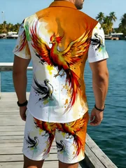 Oriental Phoenix Pattern Men Set Short Sleeve Button Shirt Drawstring Shorts Casual Vacation Outfit