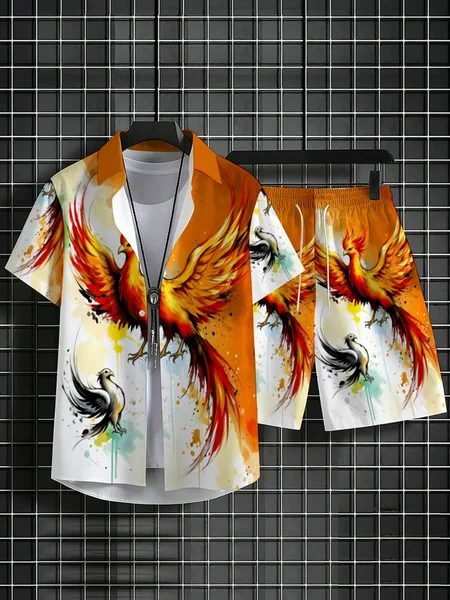Oriental Phoenix Pattern Men Set Short Sleeve Button Shirt Drawstring Shorts Casual Vacation Outfit