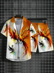 Oriental Phoenix Pattern Men Set Short Sleeve Button Shirt Drawstring Shorts Casual Vacation Outfit