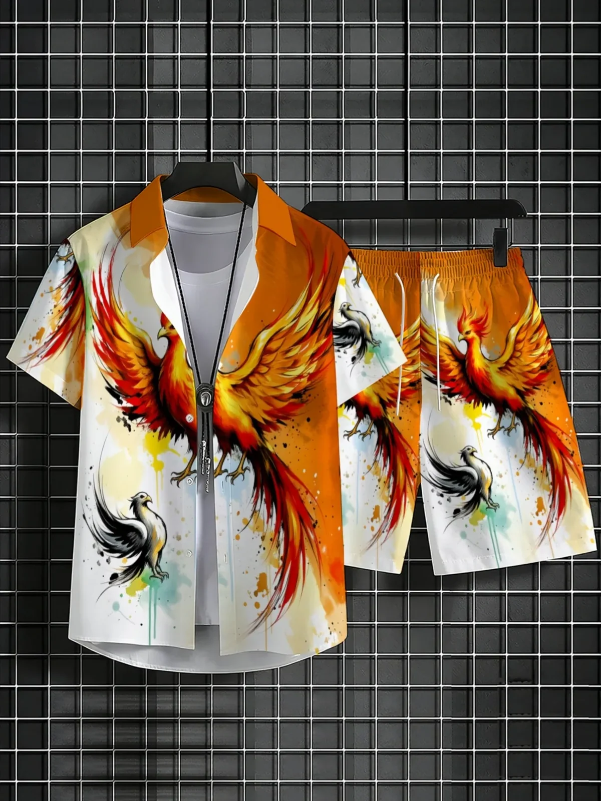 Oriental Phoenix Pattern Men Set Short Sleeve Button Shirt Drawstring Shorts Casual Vacation Outfit