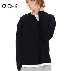 QICHE 2026 Fall Winter Unisex Waffle Knit Long Sleeve Knitwear, 320G Crew Neck Solid Niche American Fake Two Piece T-shirt