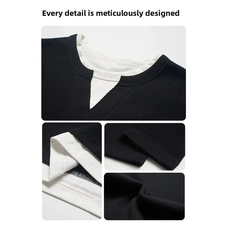 QICHE 2026 Fall Winter Unisex Waffle Knit Long Sleeve Knitwear, 320G Crew Neck Solid Niche American Fake Two Piece T-shirt