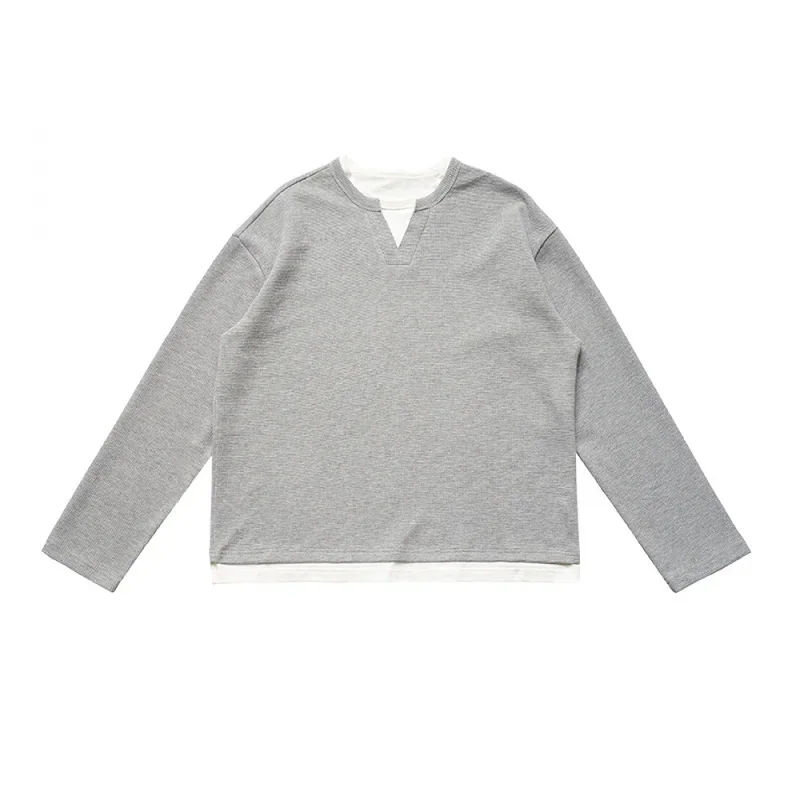 QICHE 2026 Fall Winter Unisex Waffle Knit Long Sleeve Knitwear, 320G Crew Neck Solid Niche American Fake Two Piece T-shirt