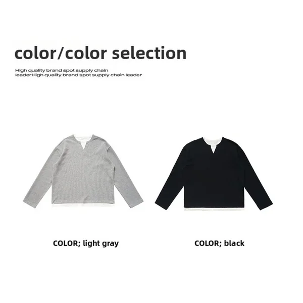 QICHE 2026 Fall Winter Unisex Waffle Knit Long Sleeve Knitwear, 320G Crew Neck Solid Niche American Fake Two Piece T-shirt