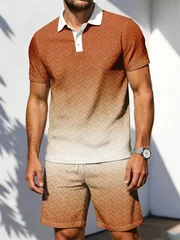 2026 Men's Fashion Set Striped 3D-Printed Button-Down Polo Shirt and Shorts Two-Piece Set New Luxury Casual Men's Sportswear Set