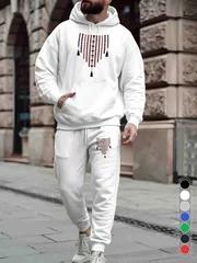 Men 2‑Piece Tracksuit Modern Geometric Folk Pattern Hoodie & Jogger Pants Set Tassel Decor Printed Sweat Suit Casual Streetwear