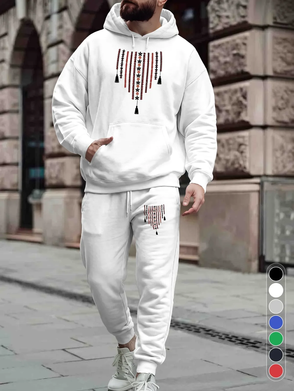 Men 2‑Piece Tracksuit Modern Geometric Folk Pattern Hoodie & Jogger Pants Set Tassel Decor Printed Sweat Suit Casual Streetwear