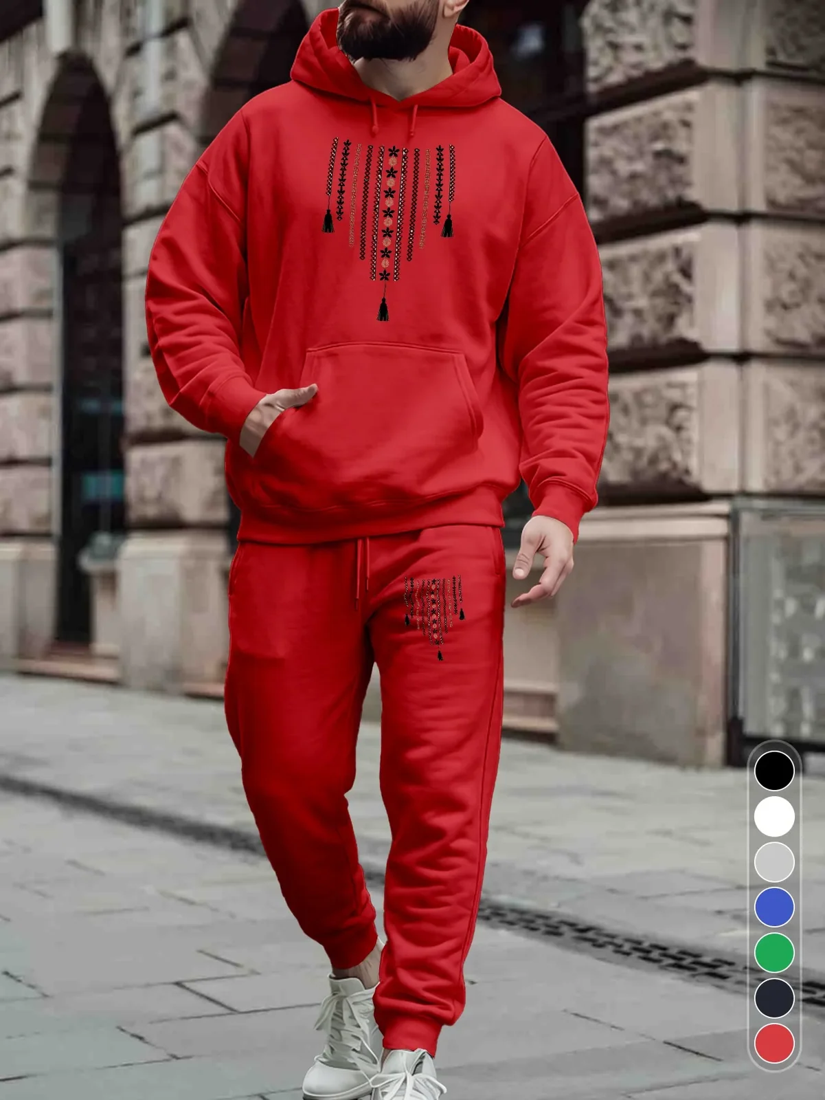 Men 2‑Piece Tracksuit Modern Geometric Folk Pattern Hoodie & Jogger Pants Set Tassel Decor Printed Sweat Suit Casual Streetwear