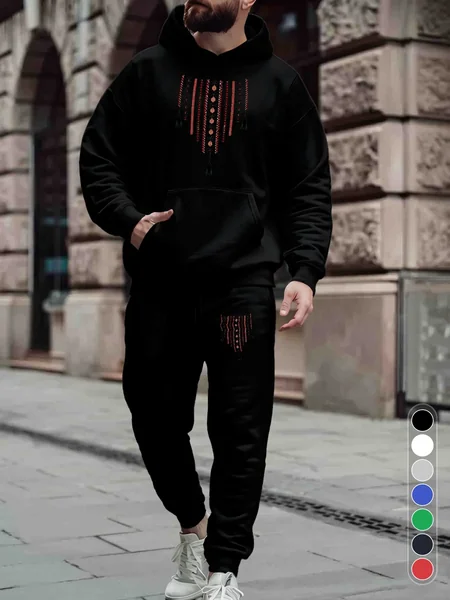 Men 2‑Piece Tracksuit Modern Geometric Folk Pattern Hoodie & Jogger Pants Set Tassel Decor Printed Sweat Suit Casual Streetwear