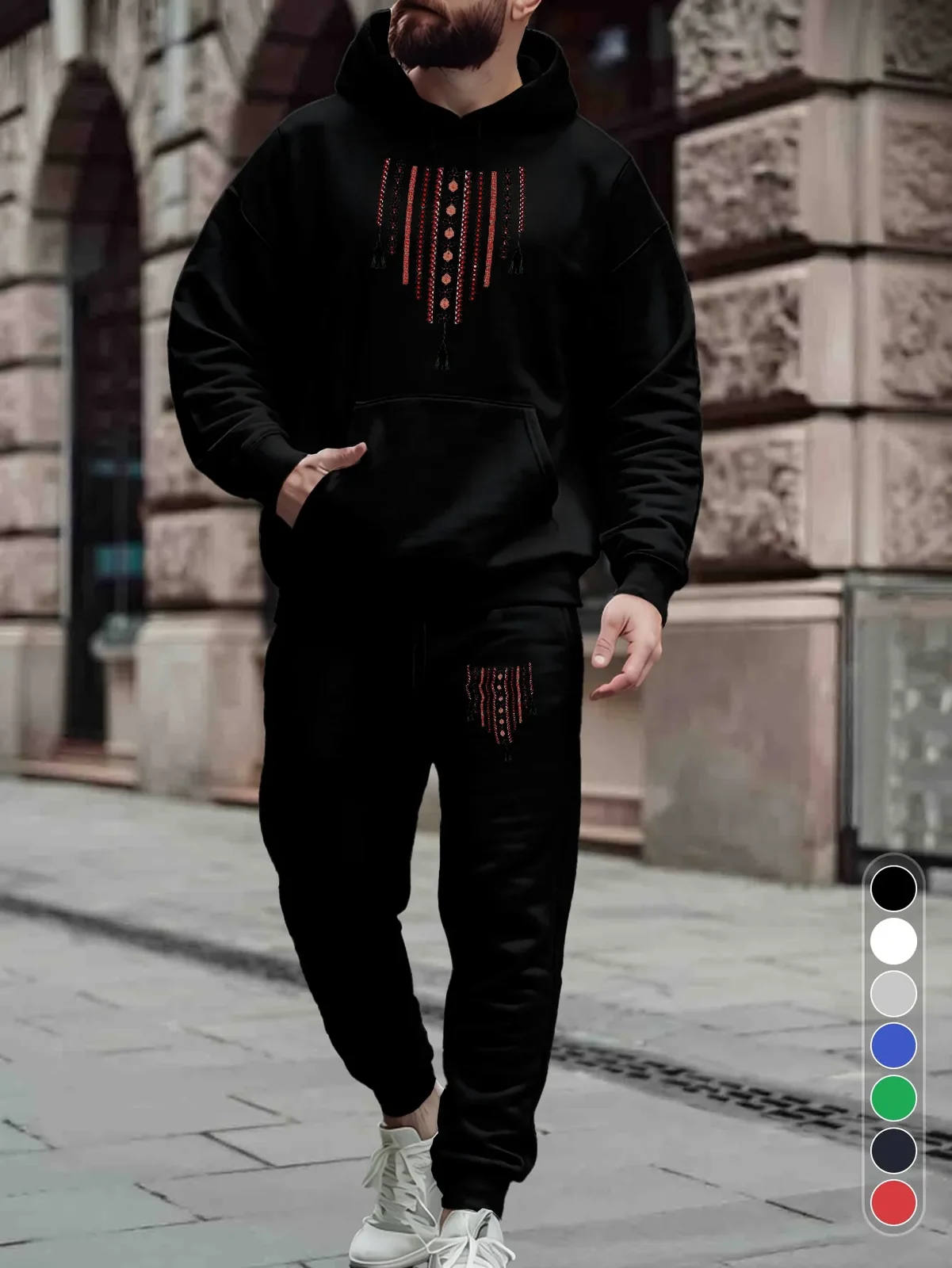 Men 2‑Piece Tracksuit Modern Geometric Folk Pattern Hoodie & Jogger Pants Set Tassel Decor Printed Sweat Suit Casual Streetwear