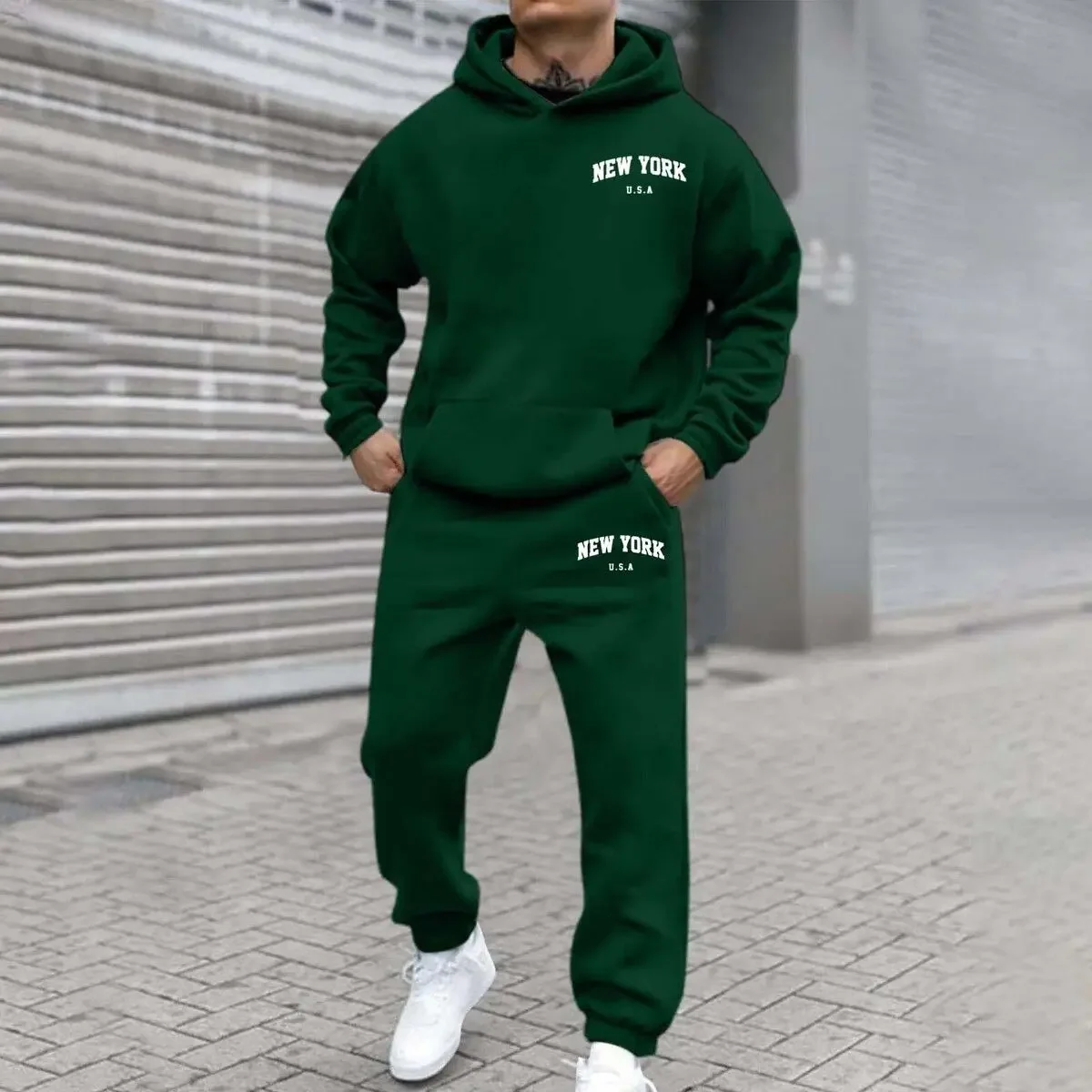 Usa New York City Prints Men Sweatshirt Soft Casual Sport Set Warm Fashion Retro Pants Unisex Autumn Loose Fleece Pullovers